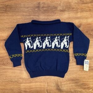 VTG Knit Horse Equestrian Sweater Roll Neck Kids 7 8 Blue Pastoral Deadstock NEW